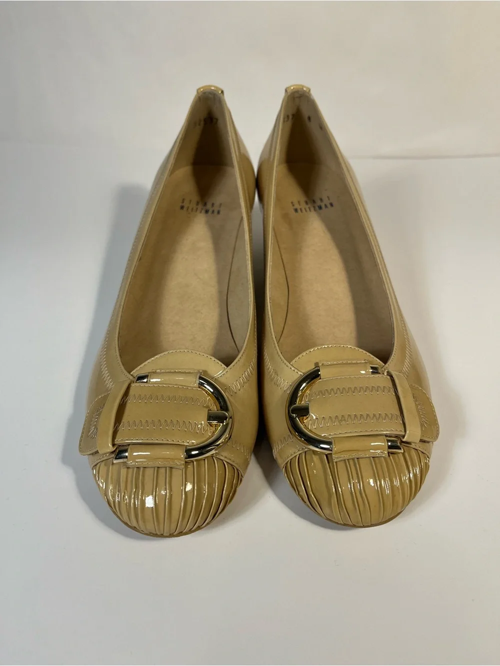 Stuart Weitzman Pleatolo Nude Tan Patent Leather Block Wedge Heels Buckle Toe 8